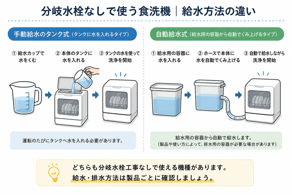 分岐水栓なし食洗機の給水方法比較