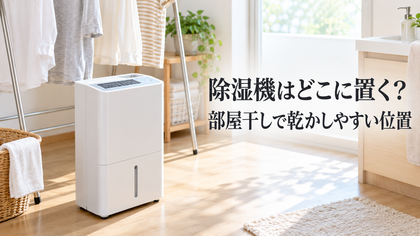 部屋干しの洗濯物の近くに除湿機を置いた明るい室内