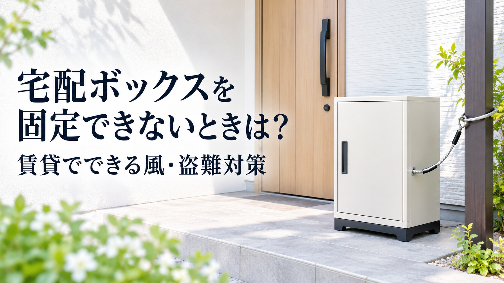 玄関先の宅配ボックスをワイヤーで固定したイメージ