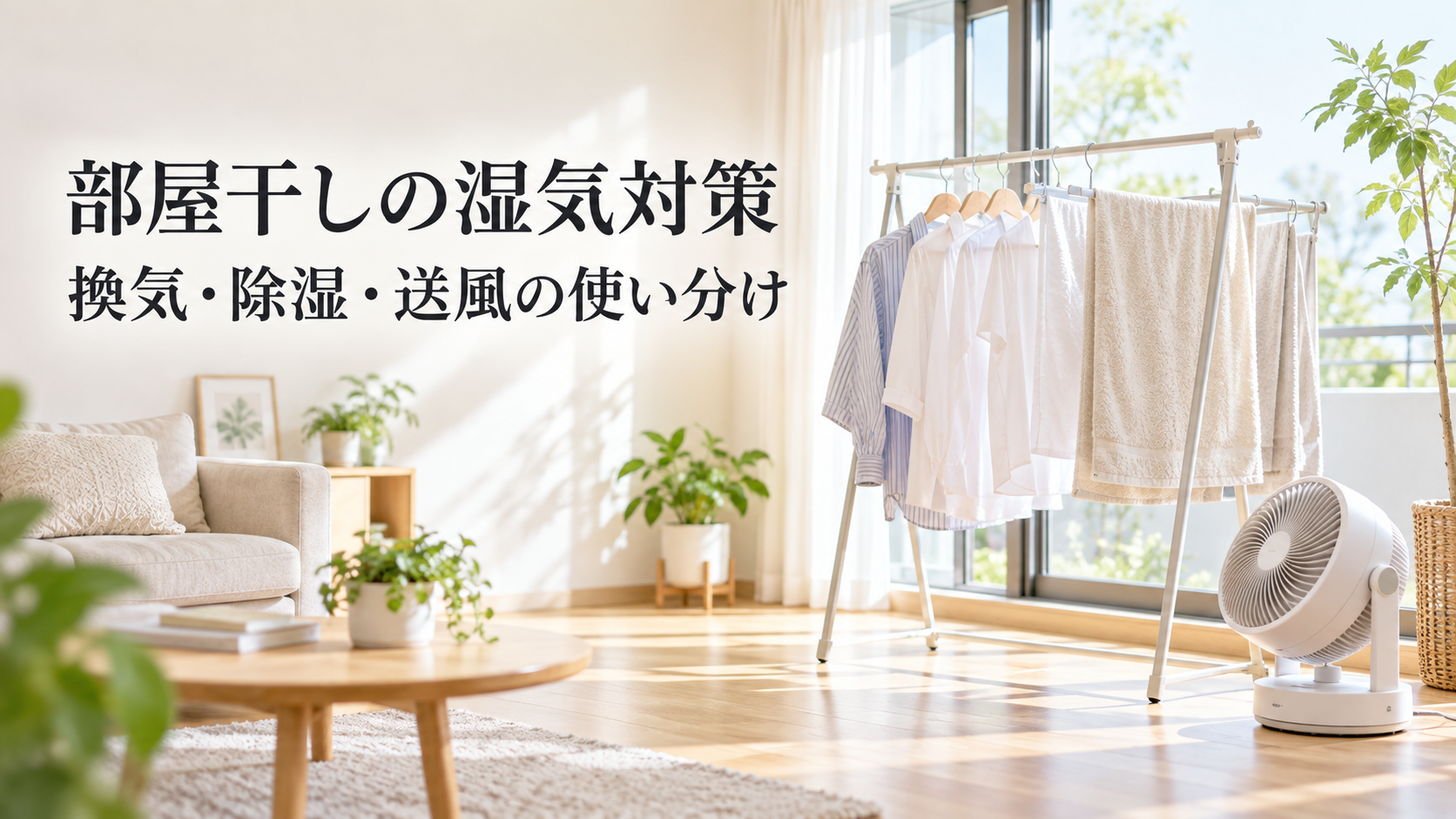 窓際で部屋干しした洗濯物にサーキュレーターで風を送る様子