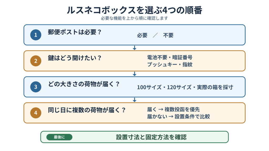ルスネコボックスをポスト、鍵、荷物サイズ、複数投函の順に選ぶ図