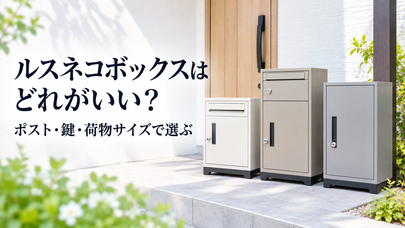 玄関前に並ぶ3種類の宅配ボックスと、ルスネコボックスの選び方を示す文字