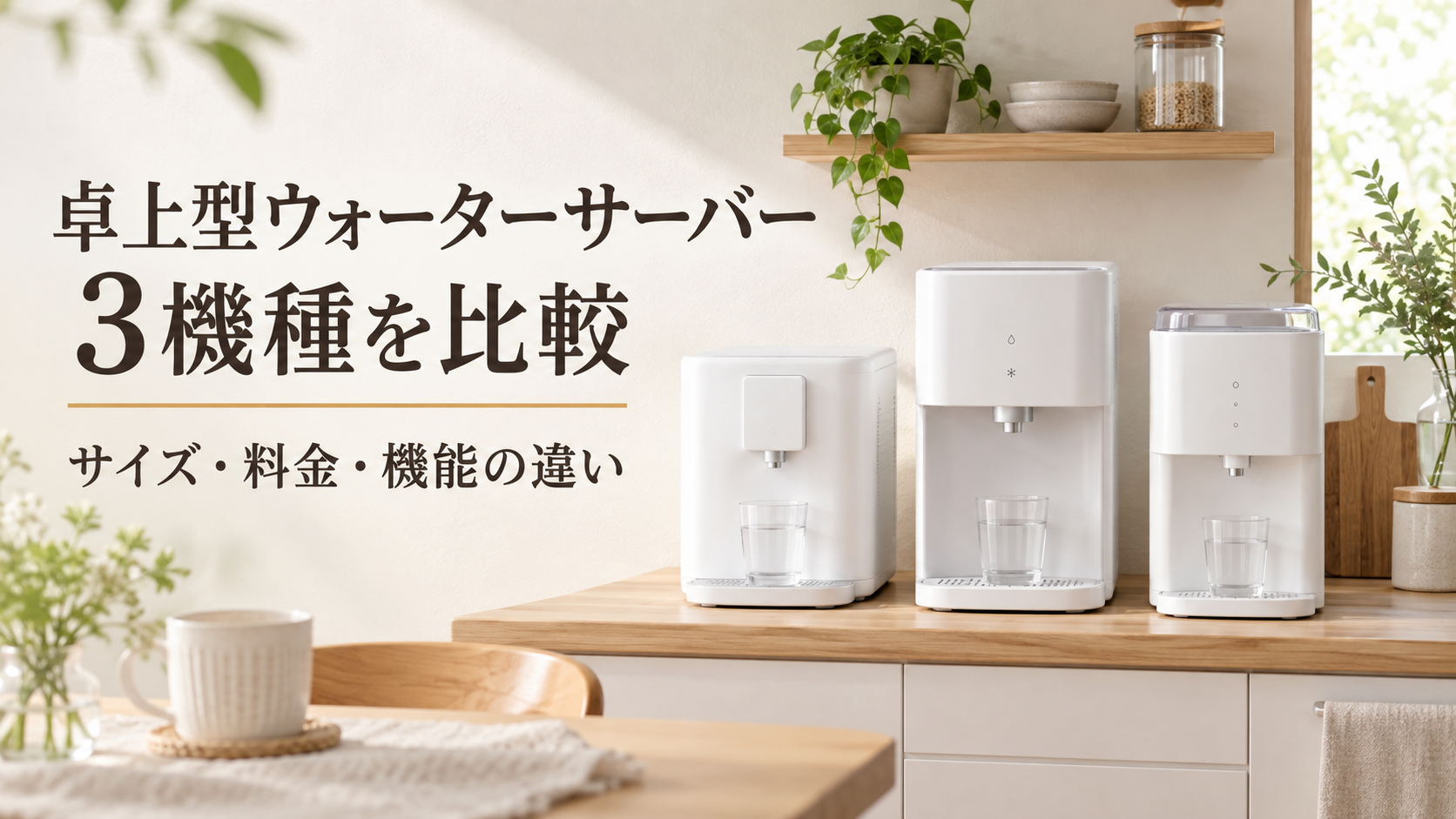 明るいキッチンに3台の卓上型ウォーターサーバーを並べた比較記事のアイキャッチ画像