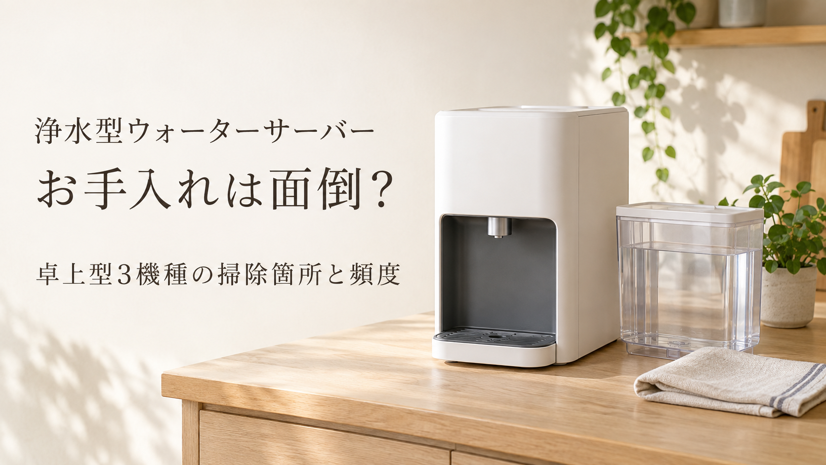 卓上型浄水ウォーターサーバーと給水タンクのお手入れイメージ